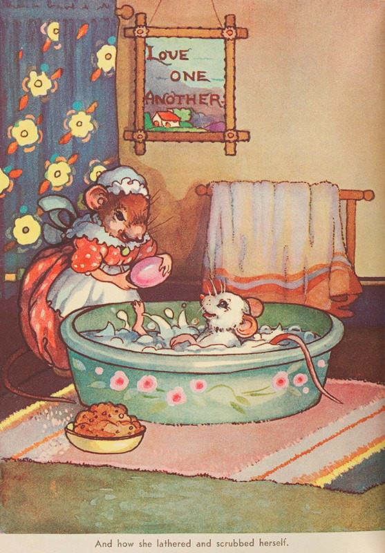 Mother mouse lovingly gives baby mouse a bath