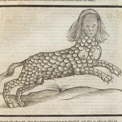 sepia print of an imaginary beast with a feline body and human head