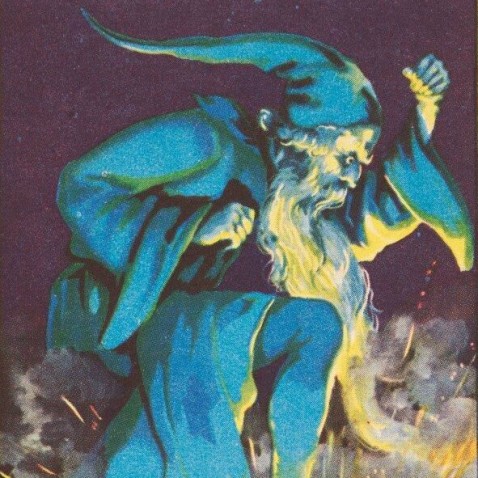 blue and purple graphic image of a wizard dancing by firelight