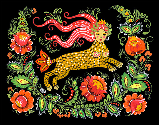 A hybrid woman-creature is surrounded by colourful fruit and plants