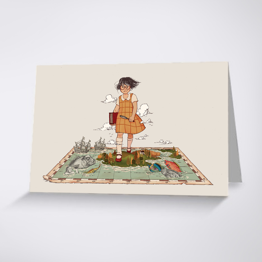 A greeting card with a cartoon of a girl walking over a map