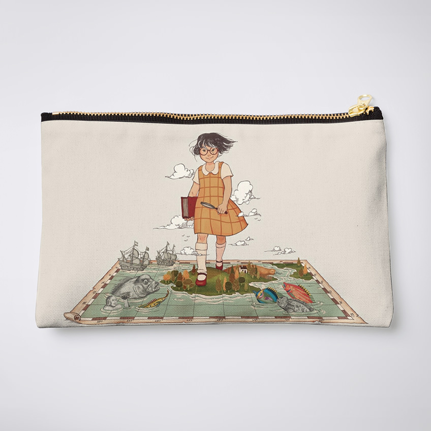 Small fabric pouch with zipper and featuring a cartoon of a girl walking over a map
