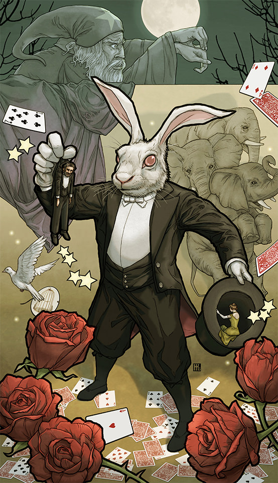 Collage shows a rabbit pulling a man out of a hat