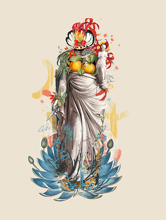 A knife-wielding statue overflows with fruit and plants