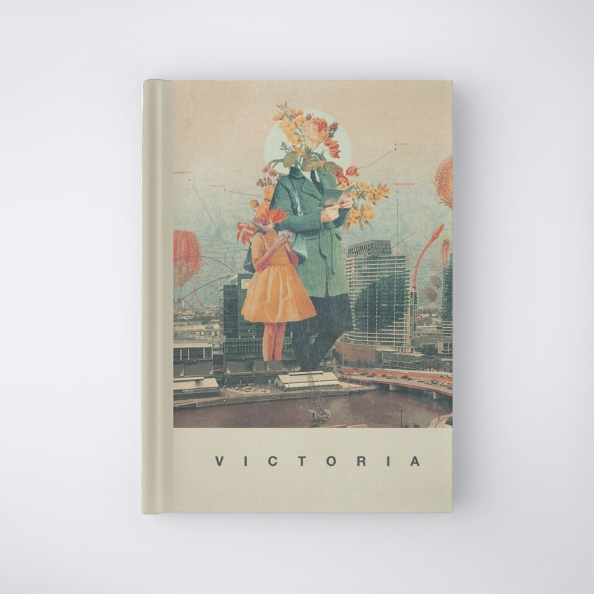 hardcover book with a surrealist collage on front cover