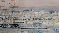 A close-up of Liardet's watercolour shows mid-19th-century buildings jostling for space on the beach behind boat masts