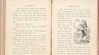 black and white photo of double-page spread from rare first edition copy of Lewis Carroll's Alice's Adventures in Wonderland featuring Tenniel's illustration of Alice with a flamingo
