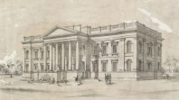Sepia etching of classically fronted building with portico and columns