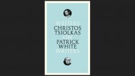 black background with blue book cover, writing in black and white with small circular photos of Christos Tsiolkas and Patrick White