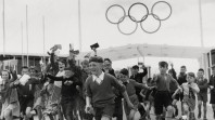 Autograph hunters at the athletes' village, Heidelberg, 1956