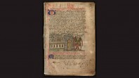 page from medieval manuscript against black background with text and image of angel outside city