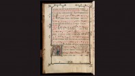 page from medieval manuscript against black background with music score, lyrics and detail of medieval musicians 