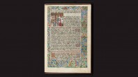 page from medieval manuscript against black background with illuminated border and images of clergymen