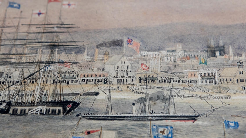 A close-up of Liardet's watercolour shows mid-19th-century buildings jostling for space on the beach behind boat masts