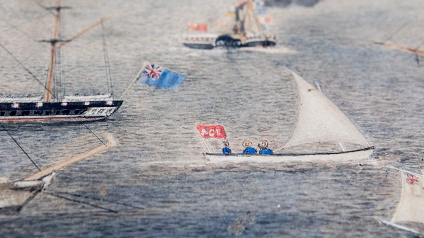 A close-up of different types of boats from WFE Liardet's painting 'View of the north shore, Port Melbourne'