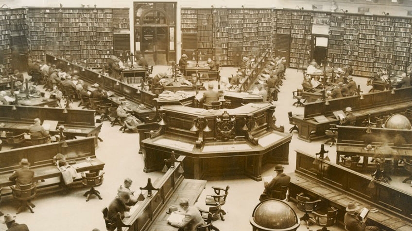 Domed Reading Room in 1940s with mostly male visitors