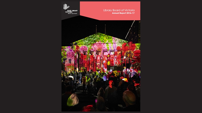 Colour cover of annual report showing front facade of Library with floral light projections on it and a crowd in the foreground