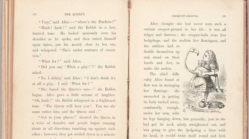black and white photo of double-page spread from rare first edition copy of Lewis Carroll's Alice's Adventures in Wonderland featuring Tenniel's illustration of Alice with a flamingo