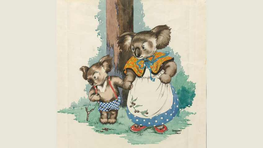 Blinky Bill the koala wearing checked pants with red suspenders and holding a slingshot, standing in front of a tree trunk, holding hands with his mother Mrs Koala, who is wearing a spotted frock, apron and checkered shawl.