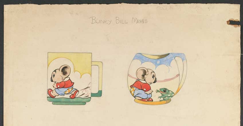 colour illustration by Dorothy Wall of drinking mugs featuring drawings of Blinky Bill