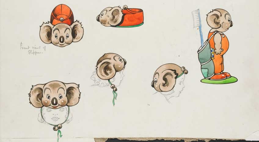 colour illustration by Dorothy Wall of Blinky Bill slippers, hat and toothbrush mug