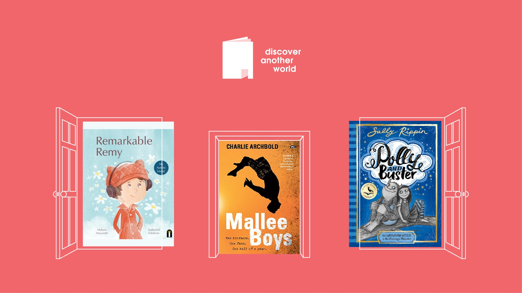 Graphic tile with three book covers: Remarkable Remy, Mallee Boys, and Polly and Buster