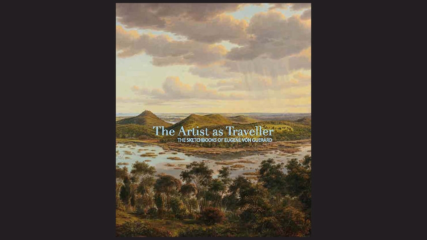 black background with book cover with colonial landscape of sky, mountains and water, the artist as traveller in blue font
