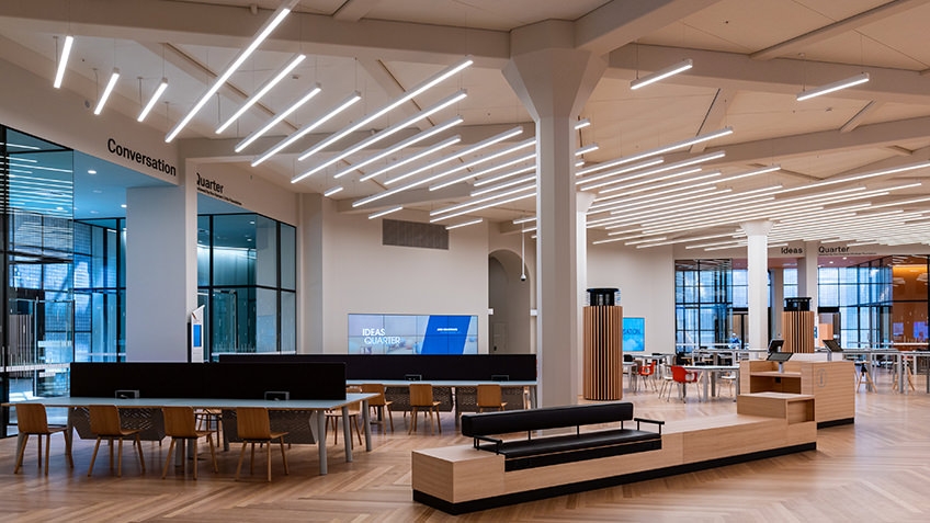 empty seats and tables in information centre