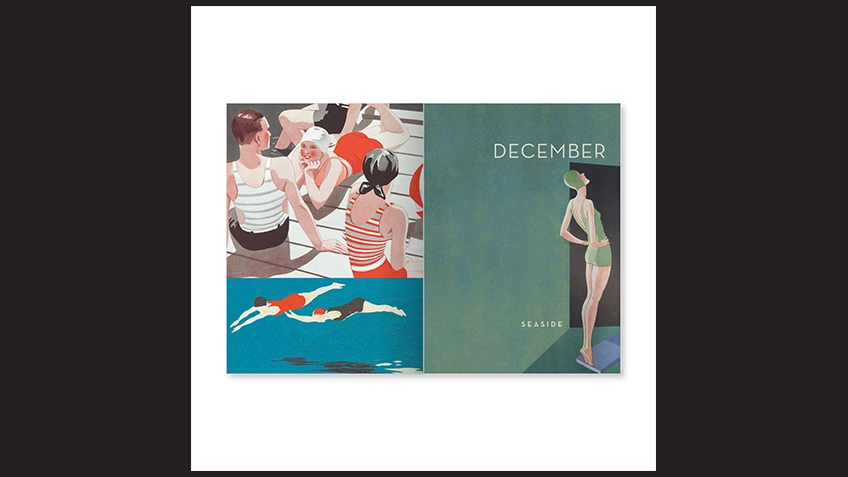 Vibrant illustrations of 1920s men and women at the swimming pool