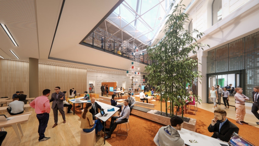 architects' mock-up of shared work space with central light well, people seated at shared tables, indoor plants and laptops