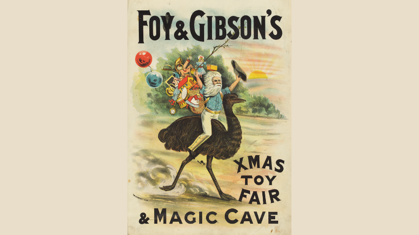 Poster of a man on an emu with a sack of presents.