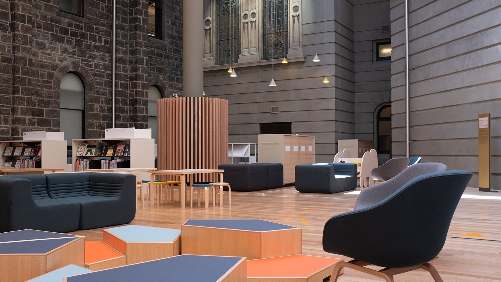 empty playspace with tables and seats
