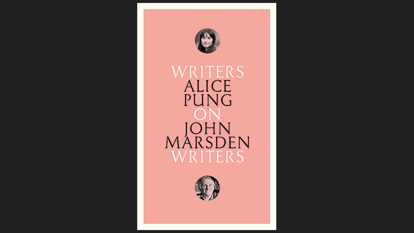 black background with blue book cover, writing in black and white with small circular photos of Alice Pung and John Marsden
