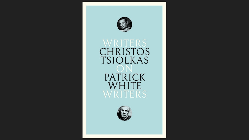 black background with blue book cover, writing in black and white with small circular photos of Christos Tsiolkas and Patrick White