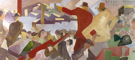 A painted image of industry workers rallying together
