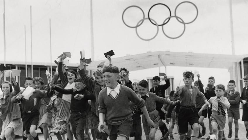 Autograph hunters at the athletes' village, Heidelberg, 1956