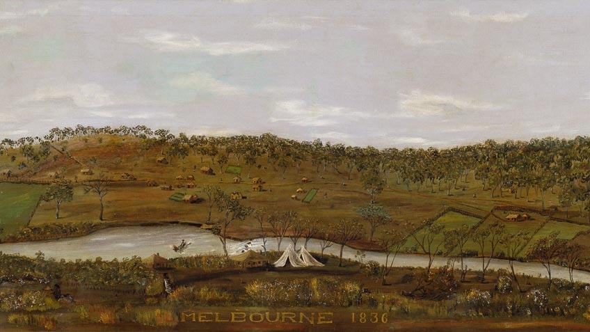 Colour painting of an early view of Melbourne, probably reconstructed after 1836, including buildings belonging to John Batman and John Fawkner