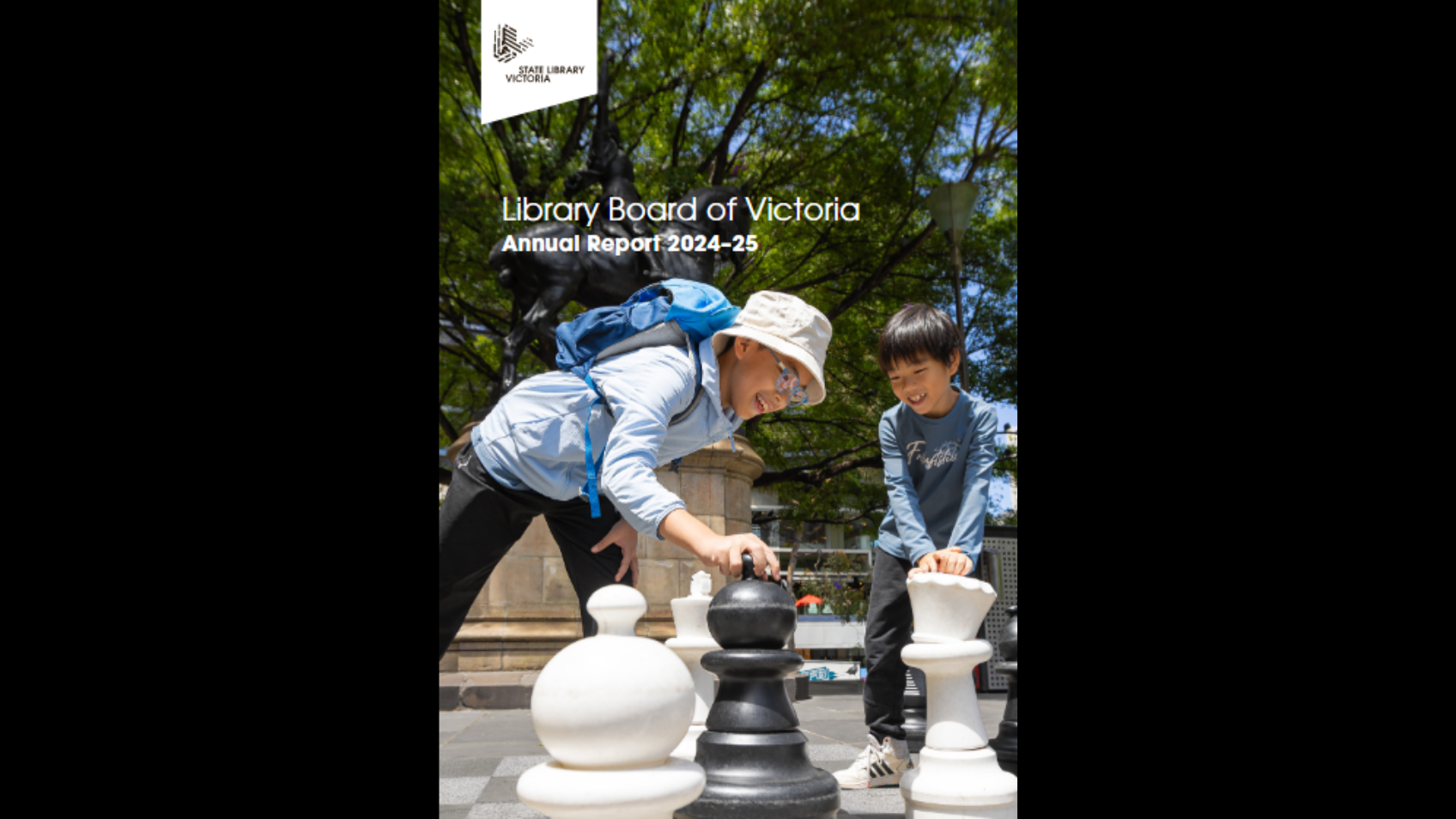 Front cover of the Library's 2024-25 Annual Report, which features an image of two children playing chess on the Library forecourt.