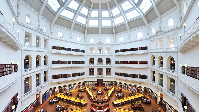 Photo looking down on the La Trobe Reading Room