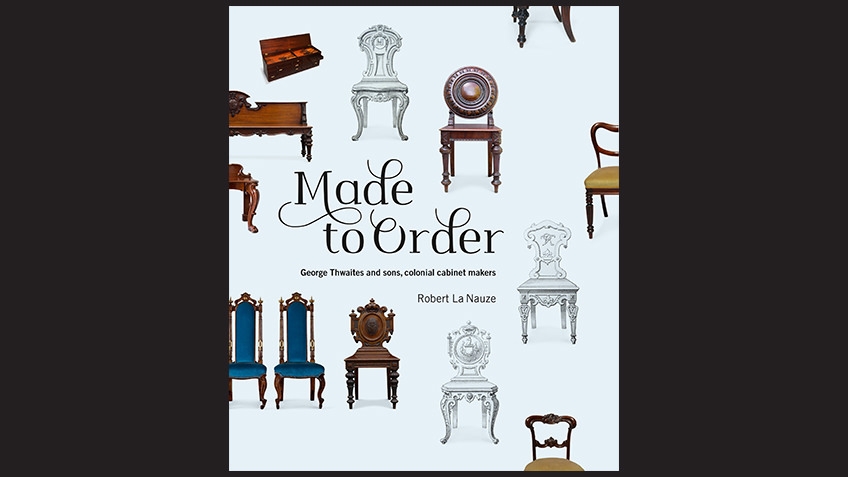 book cover with Victorian chairs and tables on a blue background with black text