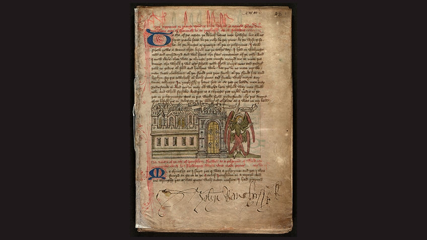 page from medieval manuscript against black background with text and image of angel outside city