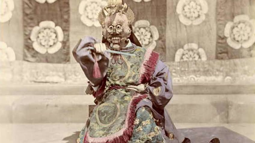 Japanese noh dancer, 1876, albumen silver photograph with hand-colouring