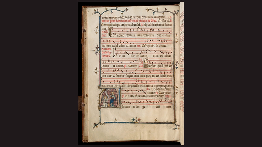 page from medieval manuscript against black background with music score, lyrics and detail of medieval musicians 