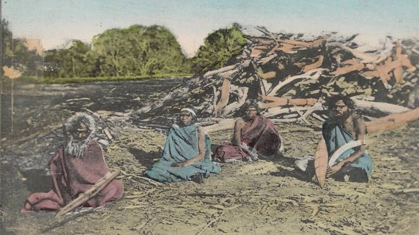 Postcard depicting Aboriginal people at their camp, c 1909