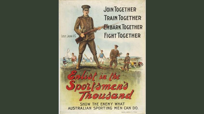 Poster encouraging sportsmen to join up, 1915