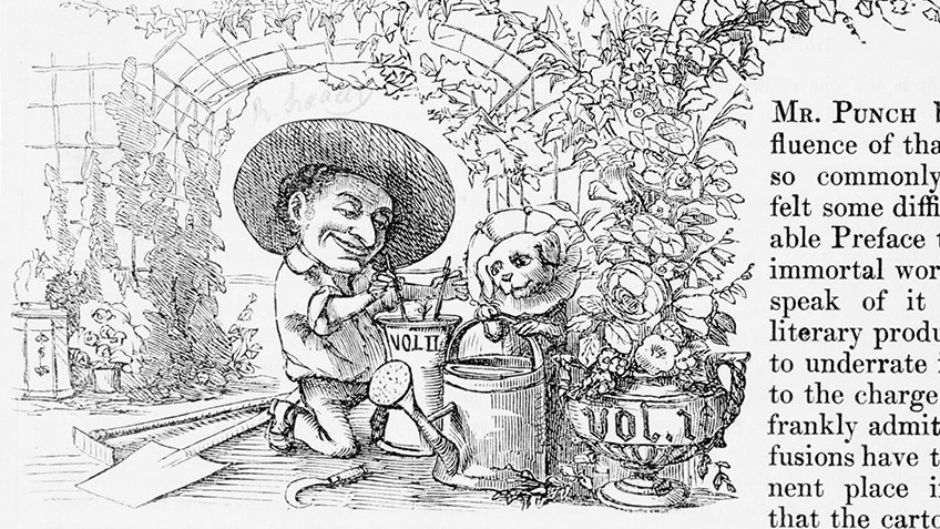 Punch kneeling down, potting plants in the garden; Melbourne Punch, 1856