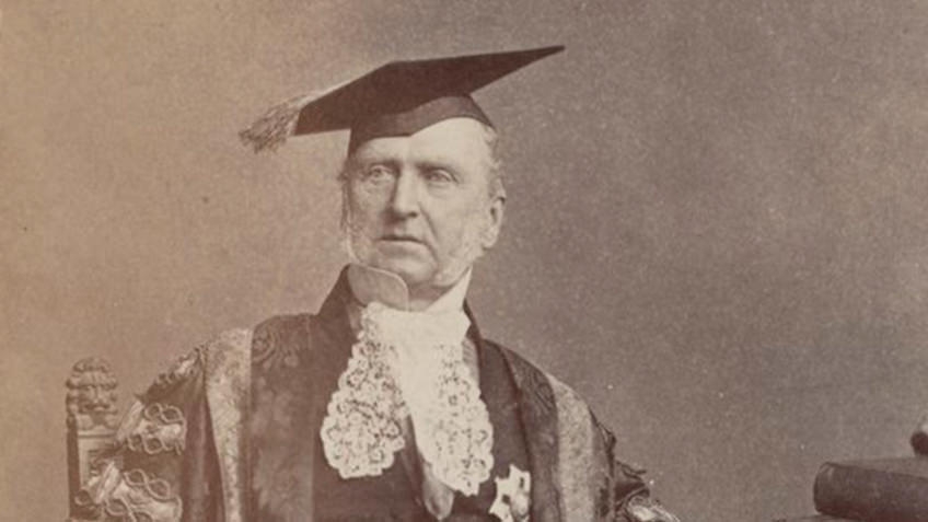 sepia photo of Sir Redmond Barry in Chancellor's robes