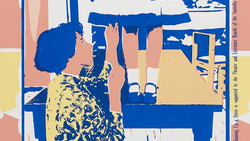 Poster promoting 'Running up a dress', a play performed in 1987