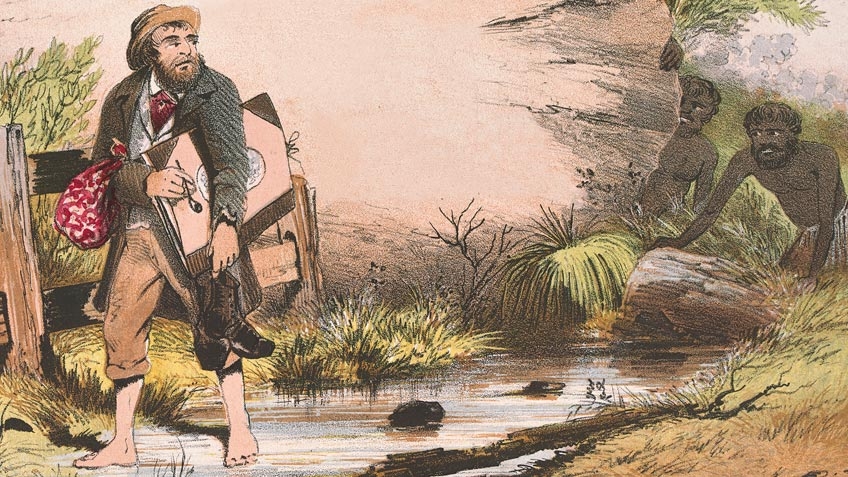 Sketch of man walking by ST Gill