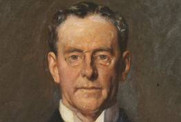 Painted portrait of Edward La Touche Armstrong by Lindsey Bernard Hall. Portrait features Armstrong's bust, full face, winged collar and tie.